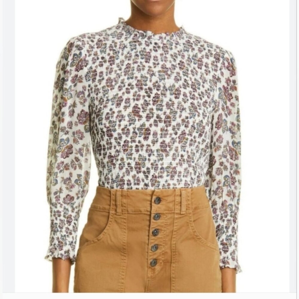 Veronica Beard Kali Floral Print Smocked Blouse Sz 14